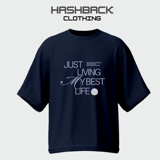 Hashback Drop Shoulder Tee Just living (NAVY) Oversized Streetwear Tee for Women