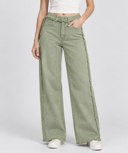 Women’s Sage Green Wide-Leg Frayed Denim Pants