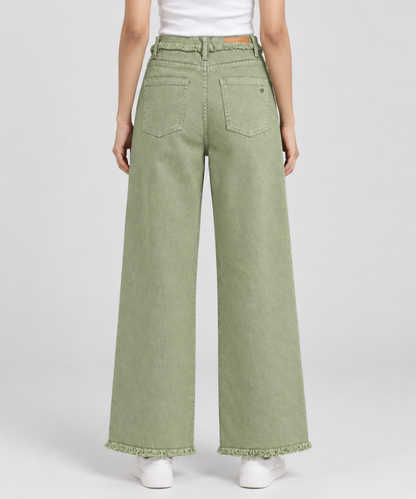 Women’s Sage Green Wide-Leg Frayed Denim Pants