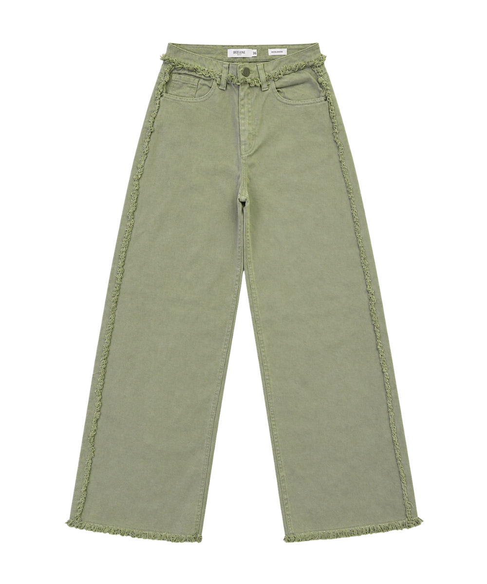 Women’s Sage Green Wide-Leg Frayed Denim Pants