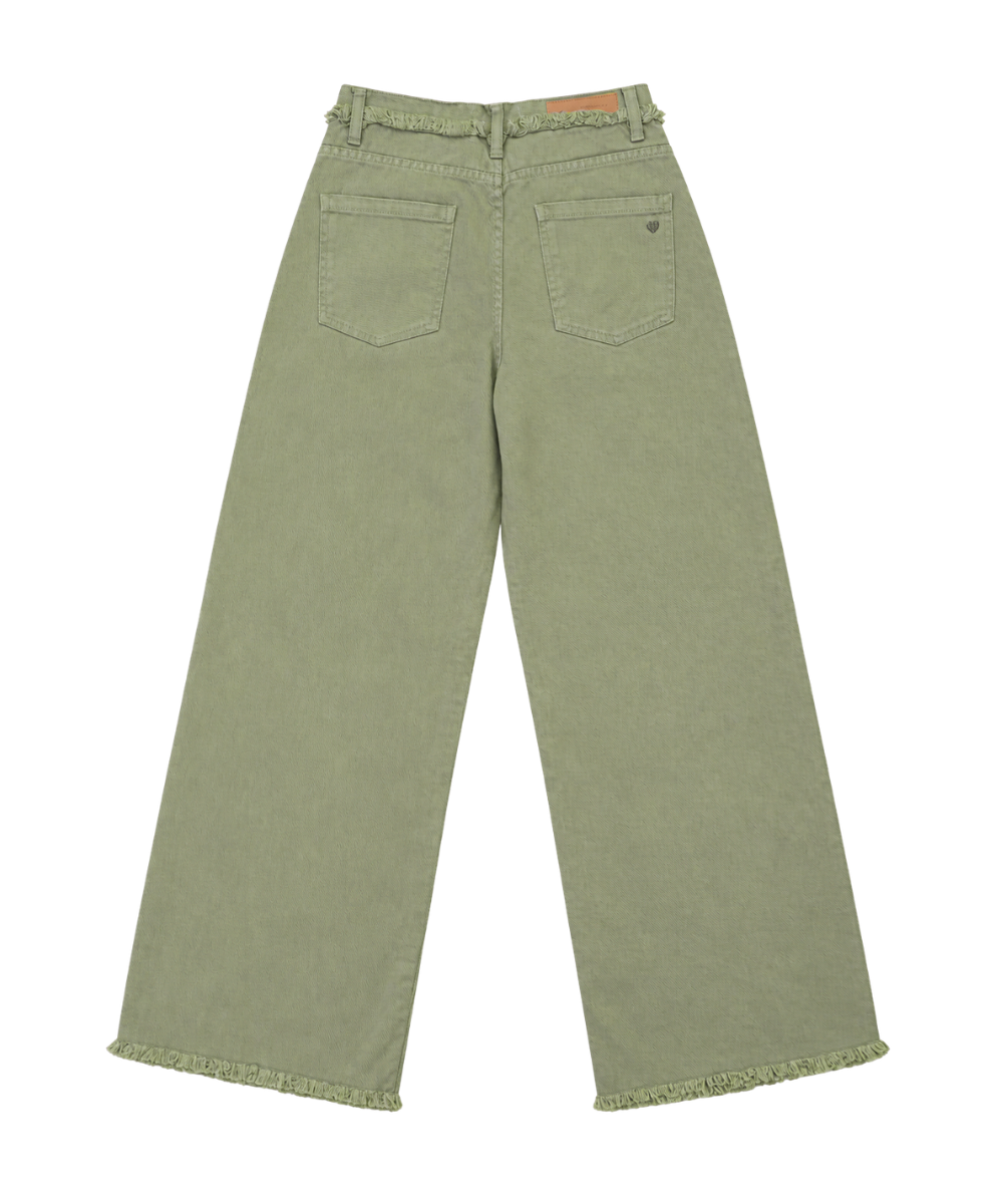 Women’s Sage Green Wide-Leg Frayed Denim Pants