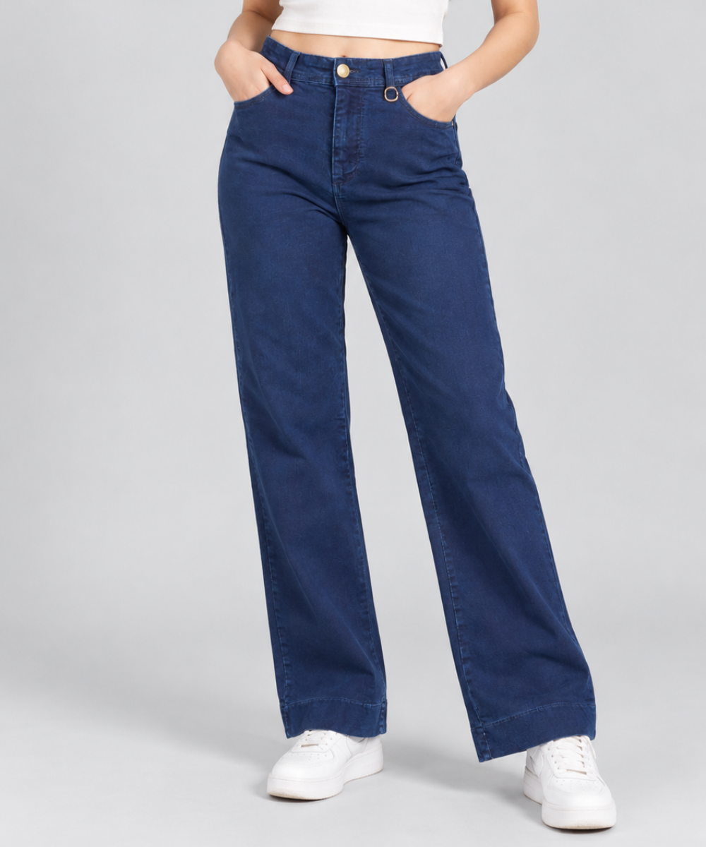 Women’s Dark Indigo Wide-Leg Denim Pants with Ring Detail
