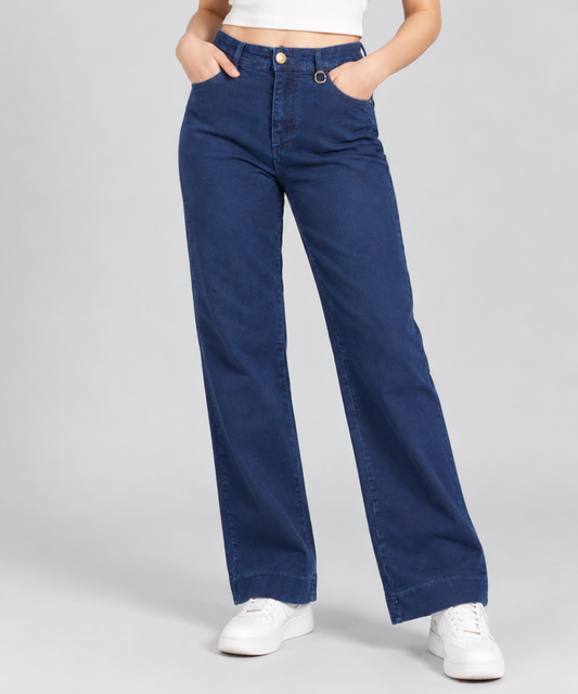 Women’s Dark Indigo Wide-Leg Denim Pants with Ring Detail