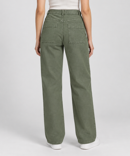 Women’s Olive Green Straight-Leg Denim Pants