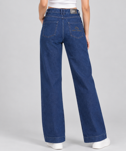 Women’s Dark Indigo Wide-Leg Denim Pants with Ring Detail