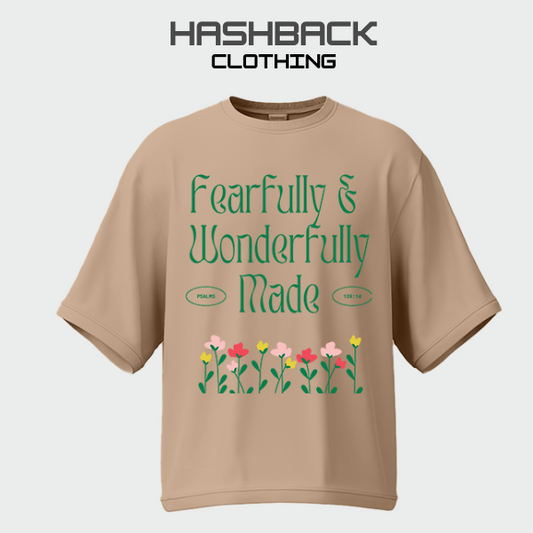 Hashback Drop Shoulder Tee fearfully & wounderfull (Beige) Oversized Streetwear Tee for Women