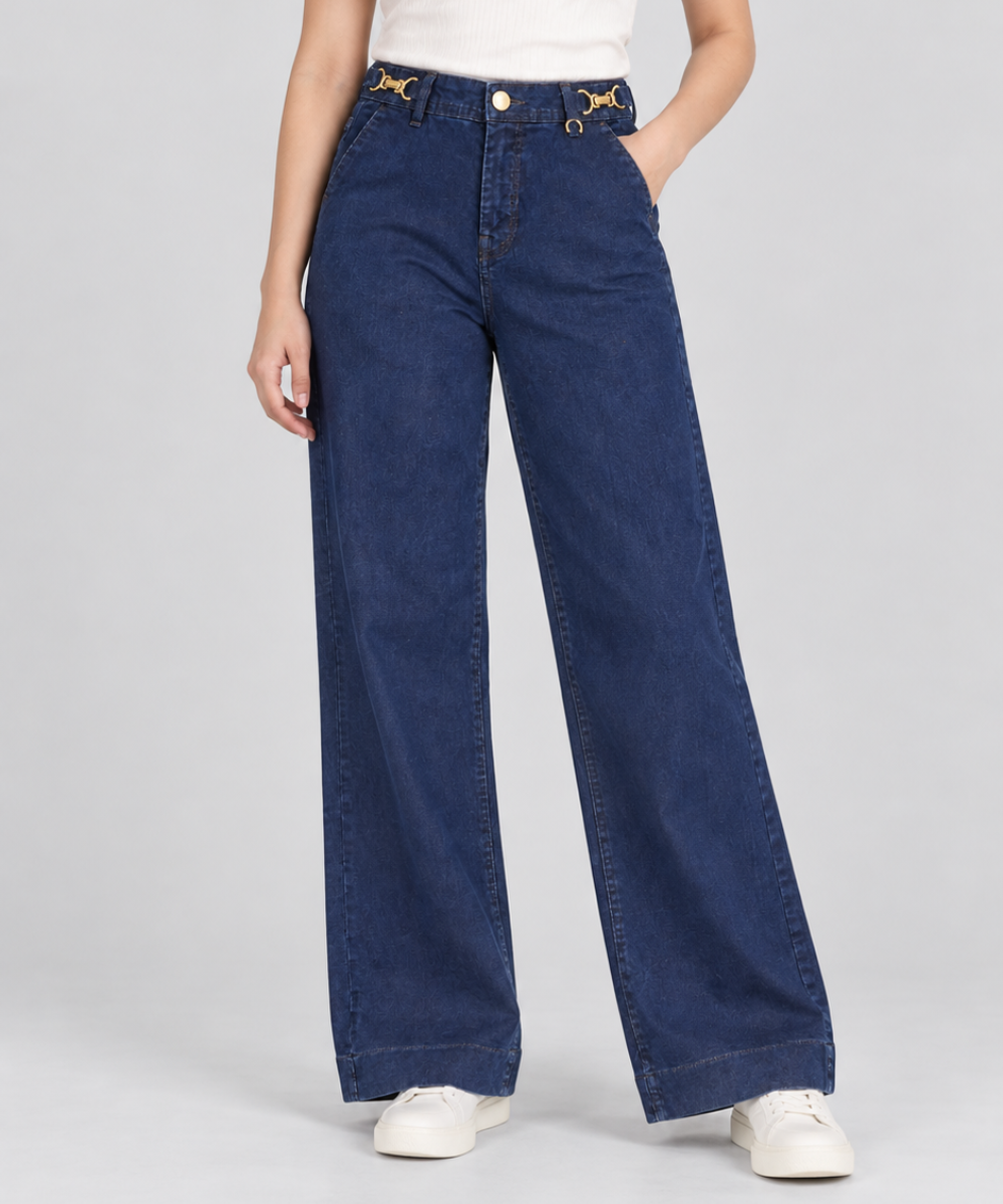 Women’s Dark Blue Wide-Leg Denim Pants with Gold Detail