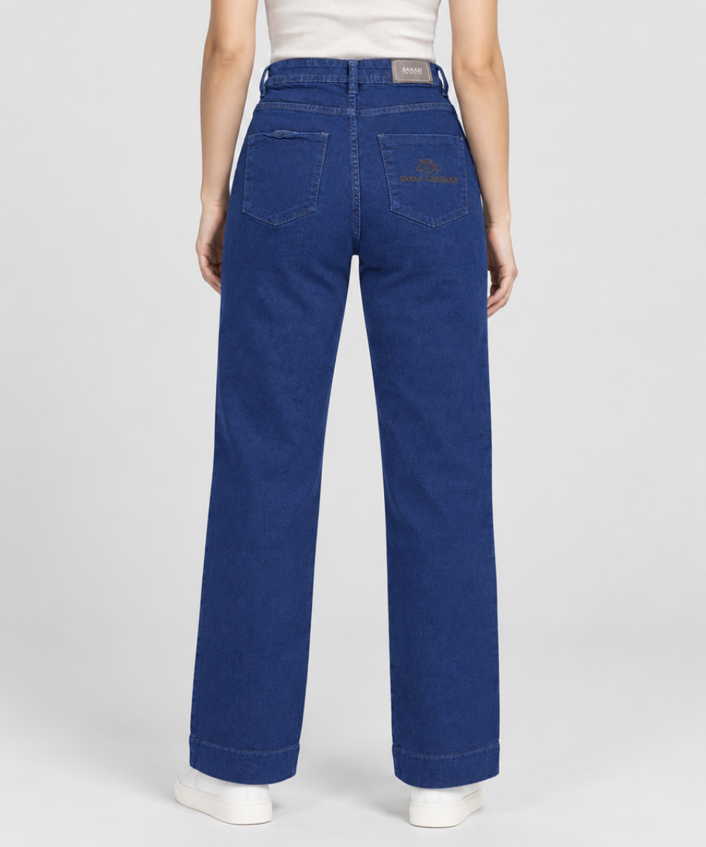 Women’s Dark Blue Wide-Leg Denim Pants with Gold Detail