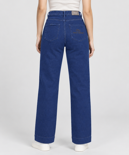Women’s Dark Blue Wide-Leg Denim Pants with Gold Detail