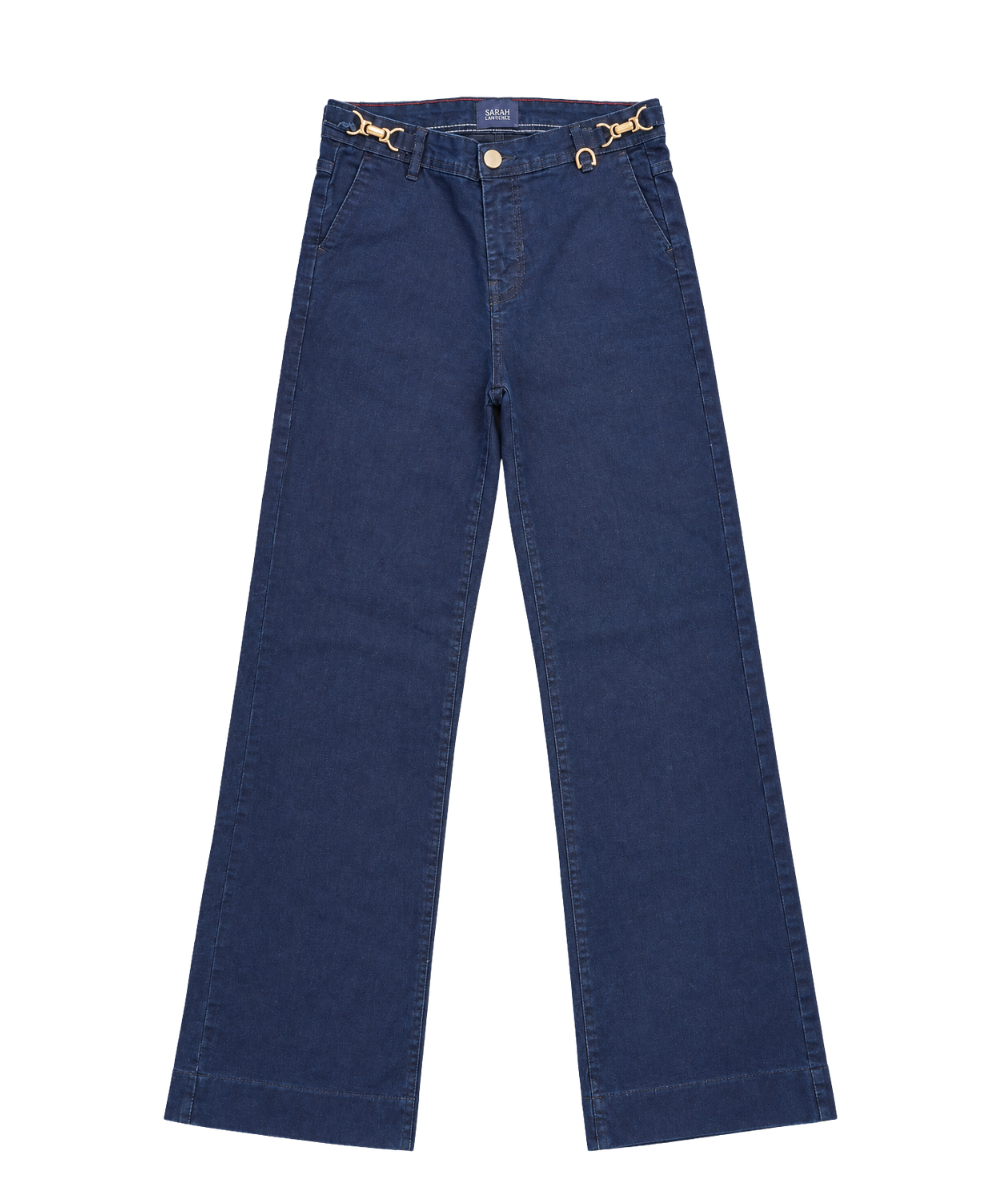 Women’s Dark Blue Wide-Leg Denim Pants with Gold Detail