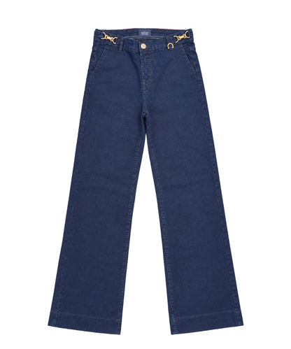 Women’s Dark Blue Wide-Leg Denim Pants with Gold Detail