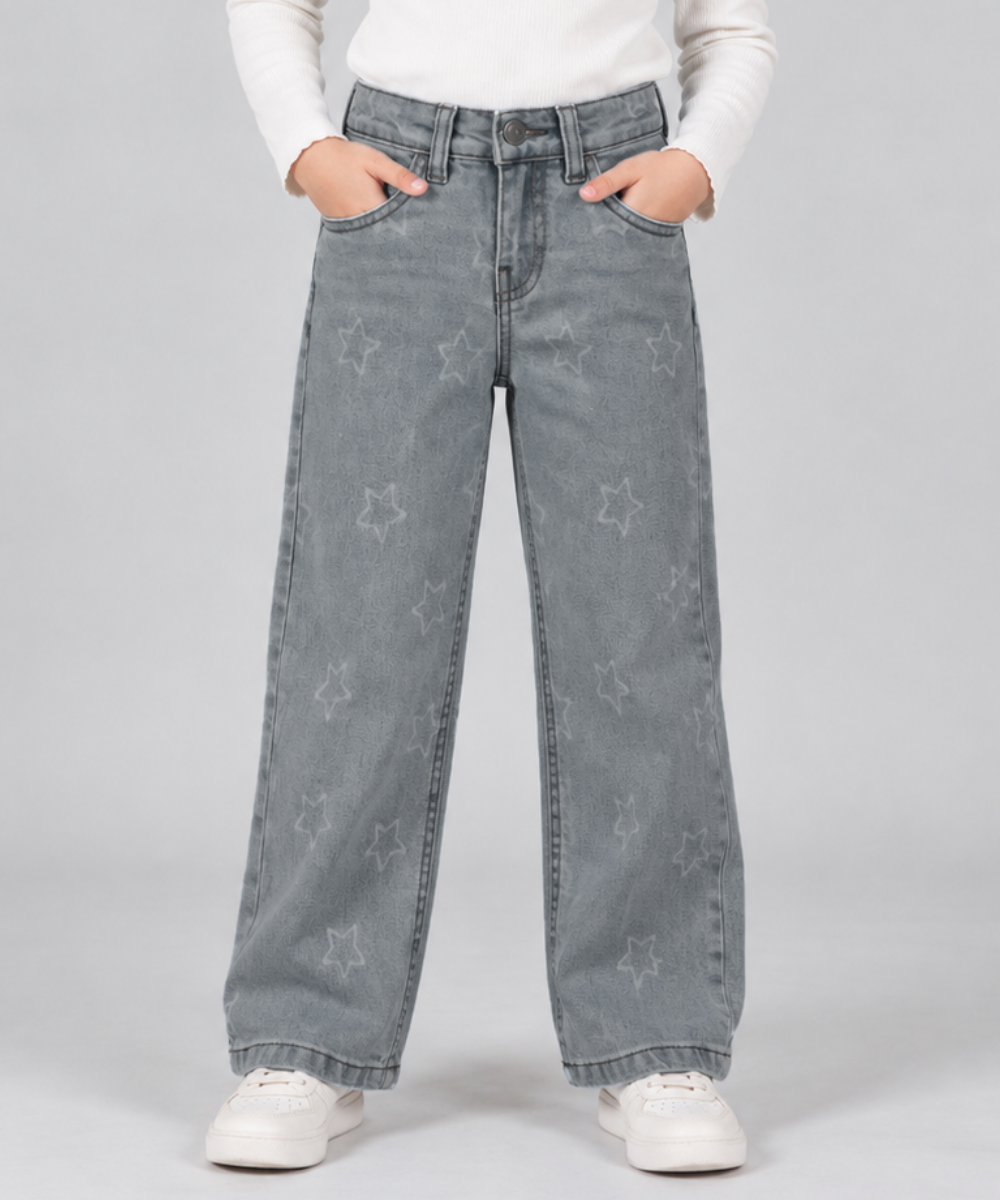 Girls Star Print Wide Leg Jeans