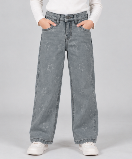 Girls Star Print Wide Leg Jeans