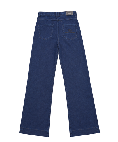 Women’s Dark Blue Wide-Leg Denim Pants with Gold Detail