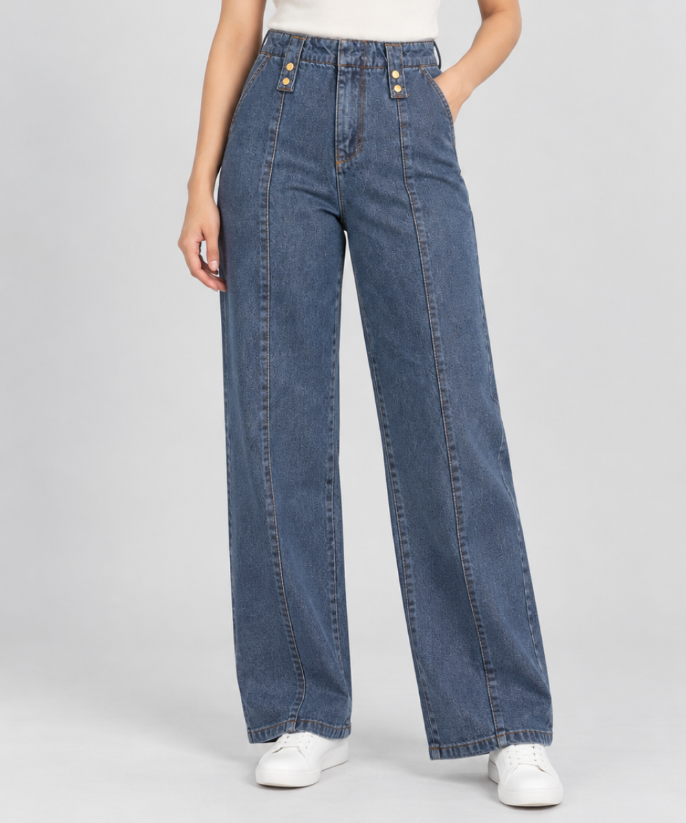 Women’s Blue Wide-Leg Denim Pants with Front Detail