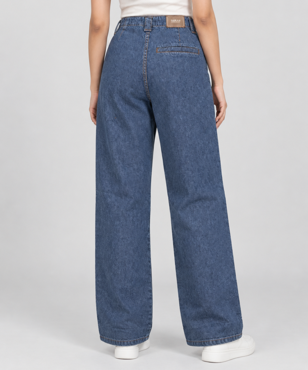 Women’s Blue Wide-Leg Denim Pants with Front Detail