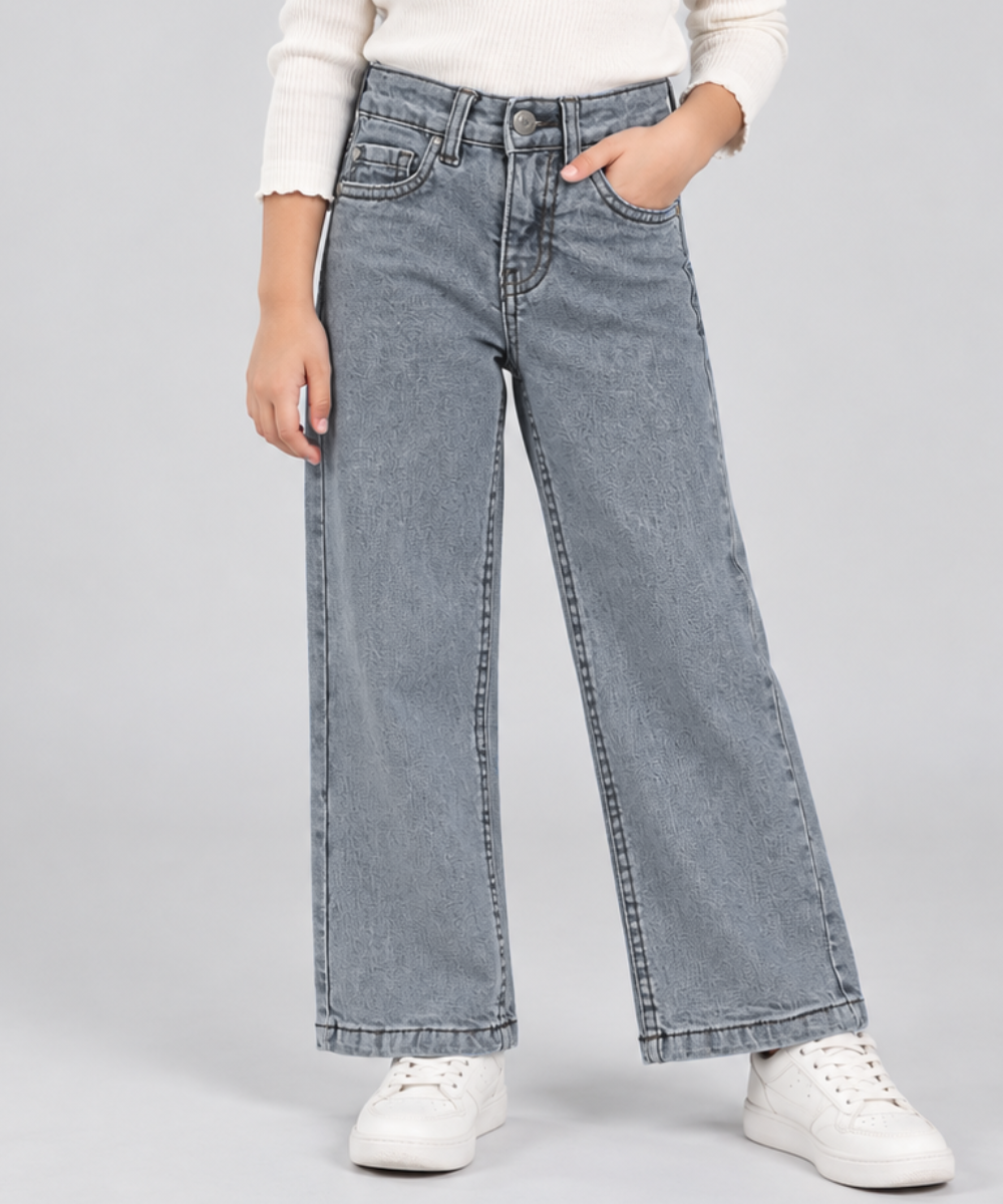 Girls Wide Leg Denim Jeans - Grey Wash Front