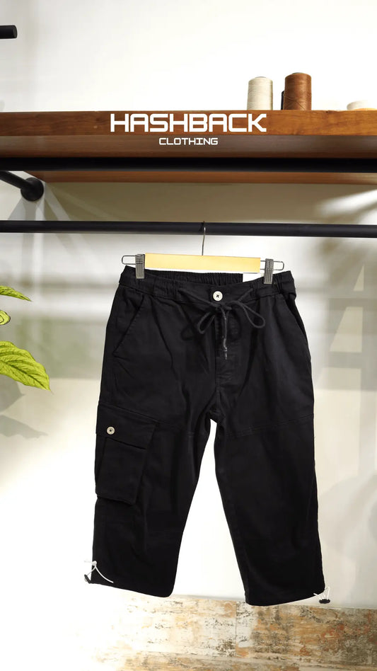 Men's Black Quarter Length Cargo Shorts with Drawstring Waist & Side Pocket – Casual Summer Wear