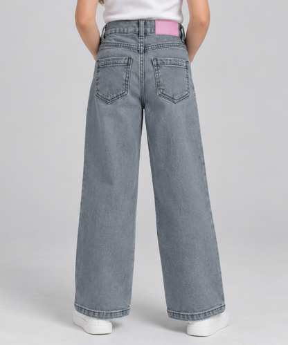 Girls Wide Leg Denim Jeans - Grey Wash Back