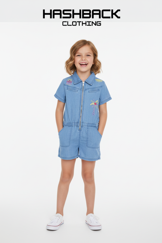 7-8 year old model wearing embroidered denim romper