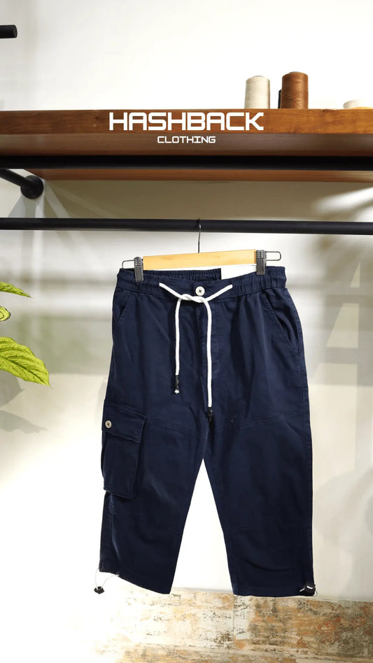 Men's Navy Blue Quarter Length Cargo Shorts with Drawstring Waist & Side Pocket – Casual Summer Wear