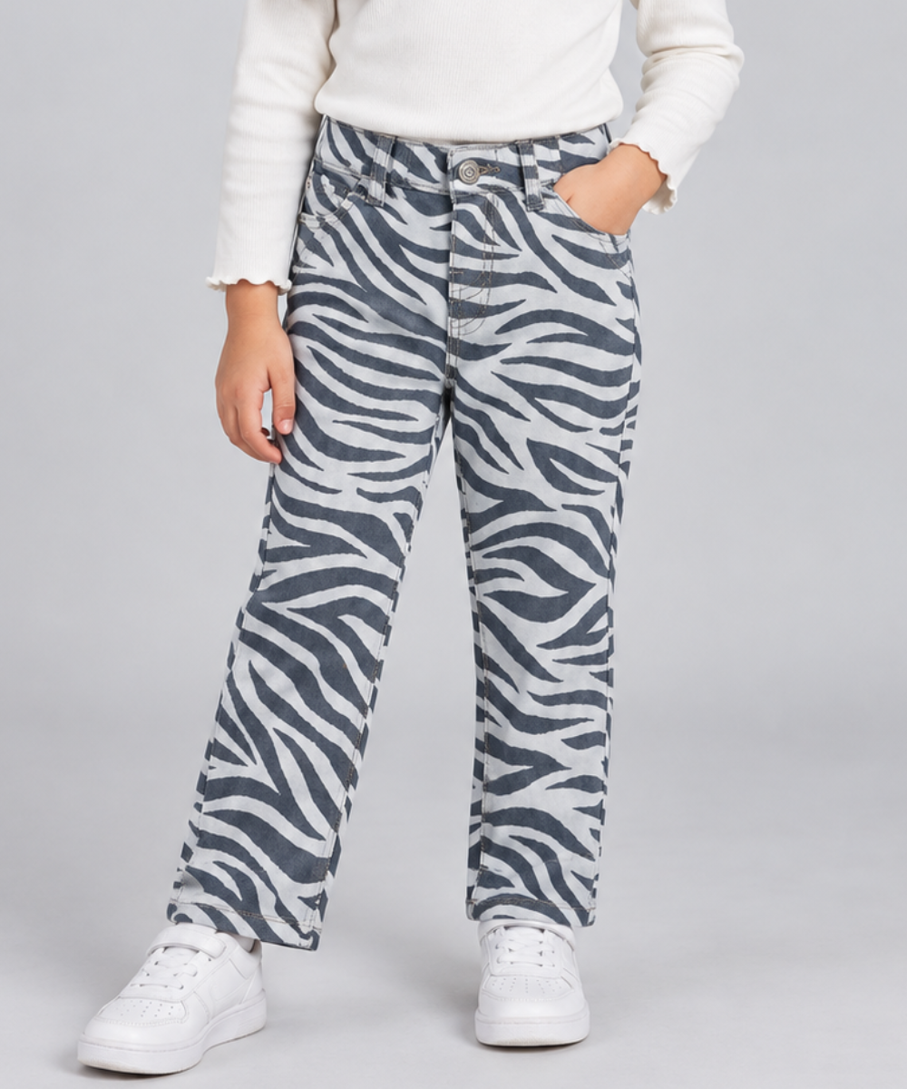 Girls Grey Zebra Print Wide Leg Jeans - Front View