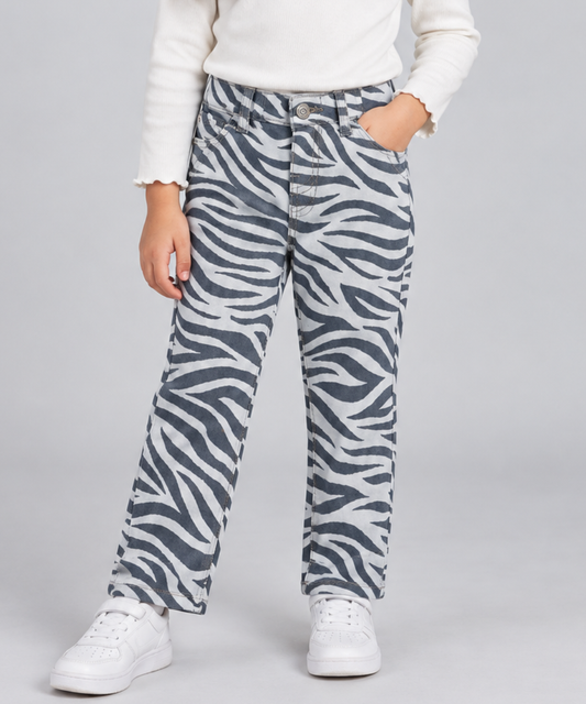 Girls Grey Zebra Print Wide Leg Jeans - Front View