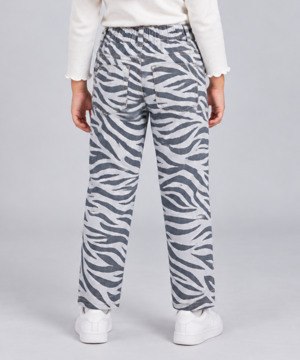Girls Grey Zebra Print Wide Leg Jeans - Back View