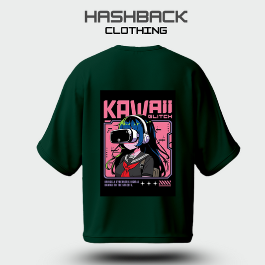 Hashback Aesthetic Graphic Drop Shoulder T-Shirt – Bottle Green | Oversized Streetwear Tee for Men & Women