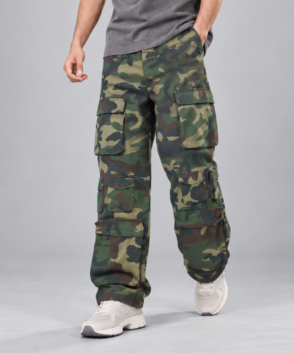 Men's Baggy Cargo Trousers 12 Pockets - Green Camo - AM011