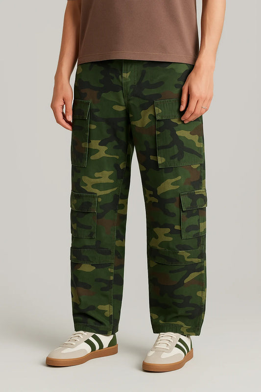 Baggy Loose Fit 12 Cargo Pockets Trousers - Green Camo