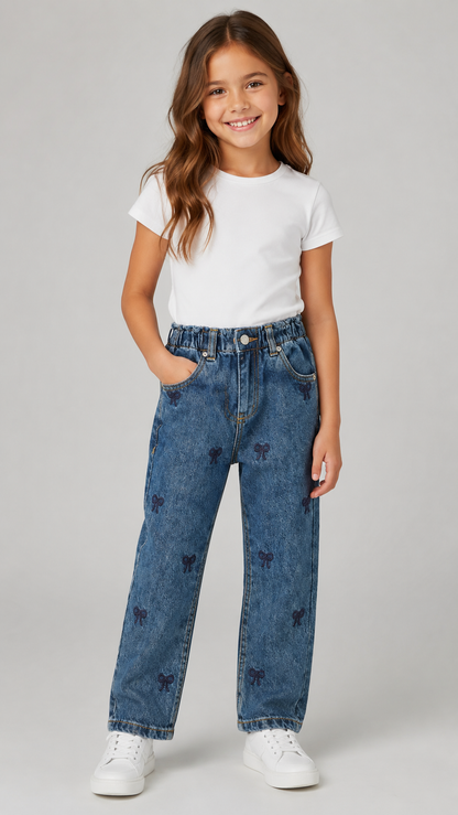Girls' Bow Embroidered Denim Jeans