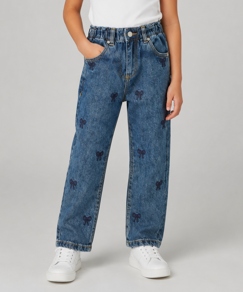 Girls' Bow Embroidered Denim Jeans