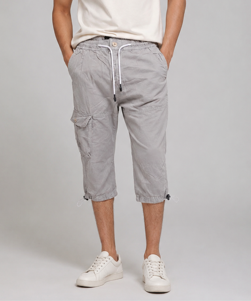 Men's Quarter Length Cargo Shorts with Drawstring Waist & Side Pocket - Silver Grey