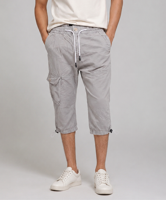 Men's Quarter Length Cargo Shorts with Drawstring Waist & Side Pocket - Silver Grey