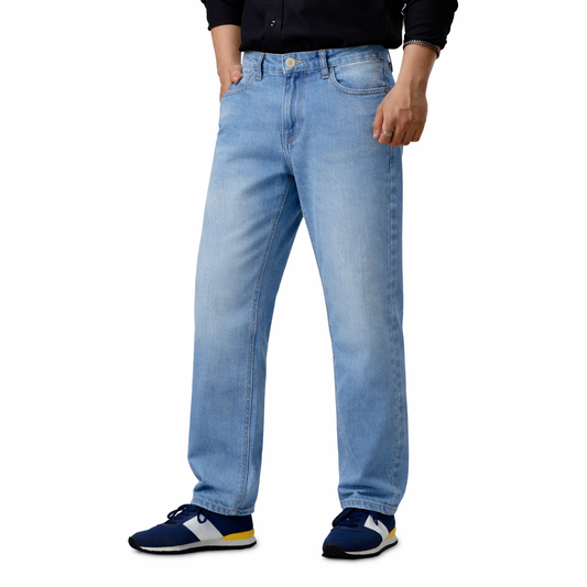 Men's Faded Mid Blue Wide Leg Jeans