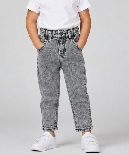 Girls Grey Acid Wash Denim Pant – Paperbag Waist Relaxed Fit
