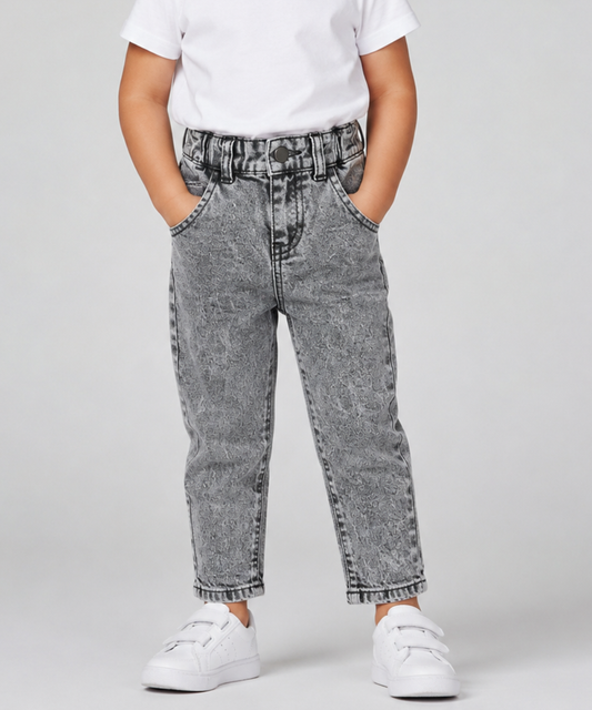 Girls Grey Acid Wash Denim Pant – Paperbag Waist Relaxed Fit