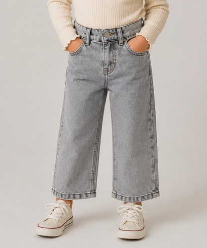Girls' Wide-Leg Denim Jeans – Grey Wash