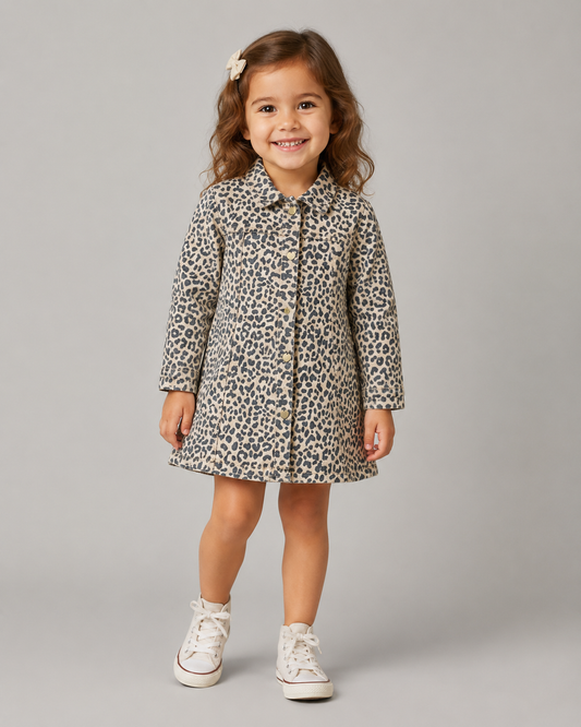 Girls Leopard Print Denim Dress