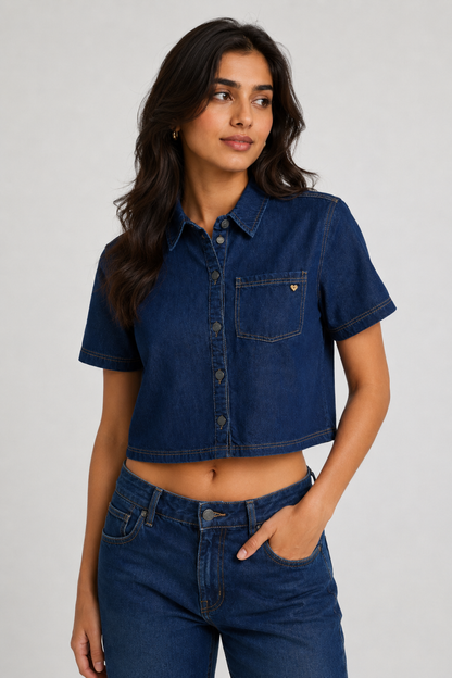 Women's Cropped Denim Shirt – Back view on model