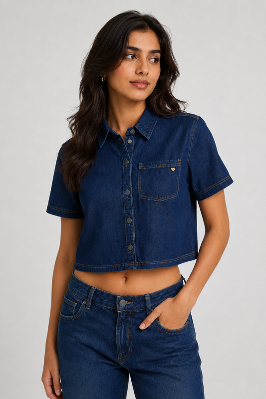 Women's Cropped Denim Shirt – Back view on model