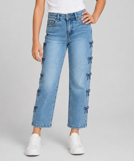 Girls Bow Embroidery Wide-Leg Denim Jeans