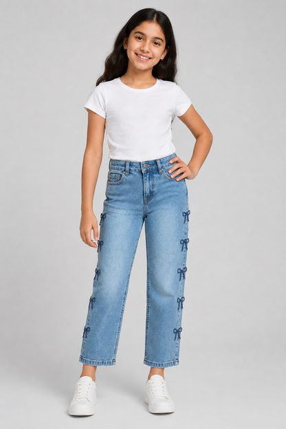 Girls Bow Embroidery Wide-Leg Denim Jeans - Model Shot