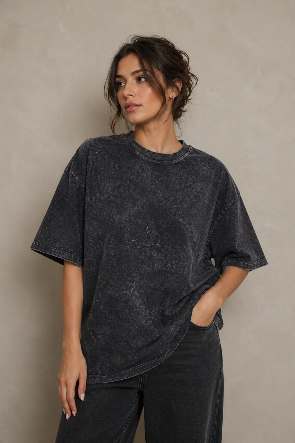 HASHBACK DROP SHOULDER ACID WASH TSHIRT-COAL OXIDE