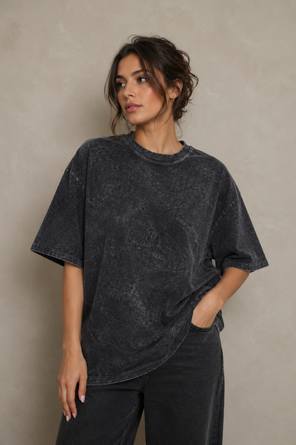 HASHBACK DROP SHOULDER ACID WASH TSHIRT-COAL OXIDE