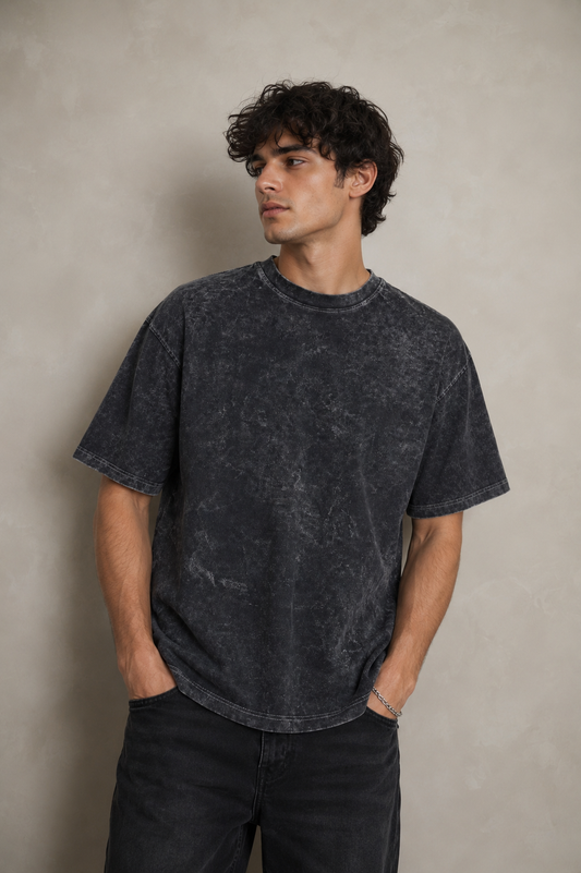 HASHBACK DROP SHOULDER ACID WASH TSHIRT-COAL OXIDE