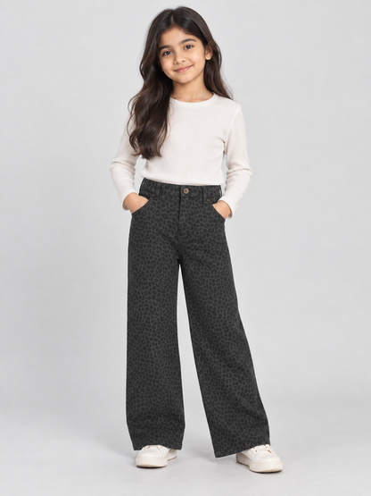 Girls Denim Wide Leg Jeans - Cheetah Print