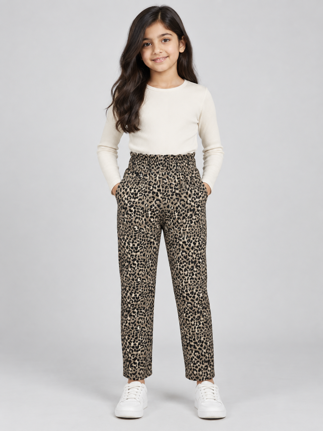Girls’ Leopard Print Pants with Elastic Waist - 25018