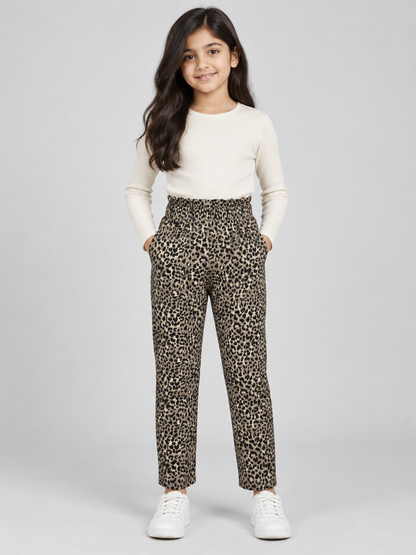 Girls’ Leopard Print Pants with Elastic Waist - 25018